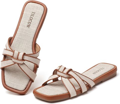 Tilocow Women Flat Sandals Slip On Comfortable Square Open Toe Slides Vacation Shoes in Kuwait