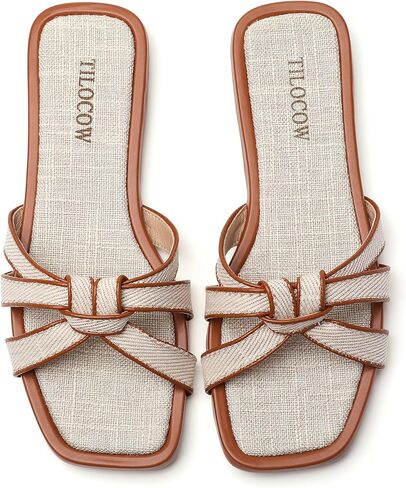 Tilocow Women Flat Sandals Slip On Comfortable Square Open Toe Slides Vacation Shoes in Kuwait
