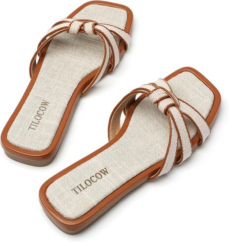 Tilocow Women Flat Sandals Slip On Comfortable Square Open Toe Slides Vacation Shoes in Kuwait