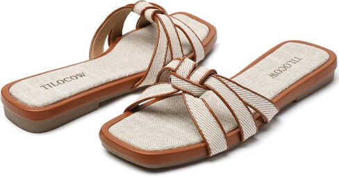 Tilocow Women Flat Sandals Slip On Comfortable Square Open Toe Slides Vacation Shoes in Kuwait