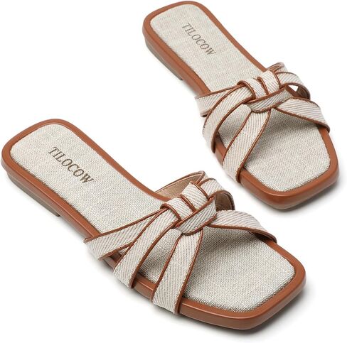 Tilocow Women Flat Sandals Slip On Comfortable Square Open Toe Slides Vacation Shoes in Kuwait
