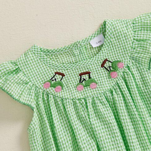Newborn Baby Girl Golf Outfit Summer Fly Sleeve Golfing Theme Embroidery Smocked Plaid Romper Bodysuit One Piece in Kuwait