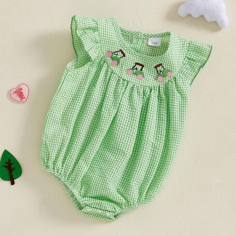 Newborn Baby Girl Golf Outfit Summer Fly Sleeve Golfing Theme Embroidery Smocked Plaid Romper Bodysuit One Piece in Kuwait