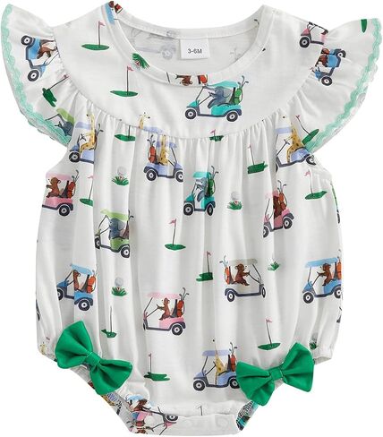 Baby Girl Smocked Bubble Romper Golf Embroidery Short Sleeve Peter Pan Collar Bodysuit Newborn Summer Clothes in Kuwait