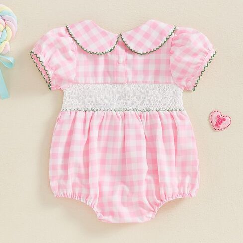 Baby Girl Smocked Bubble Romper Golf Embroidery Short Sleeve Peter Pan Collar Bodysuit Newborn Summer Clothes in Kuwait