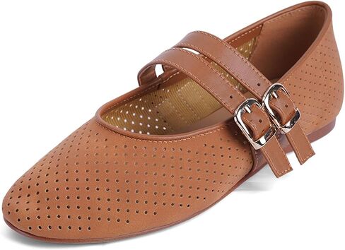 UBWDU SUEDE MARY JANE FLATS للنساء مثقبة مستديرة إصبع القدم شقق الباليه مريحة أحذية راقصة الباليه مع حزام مزدوج الإبزيم in Kuwait