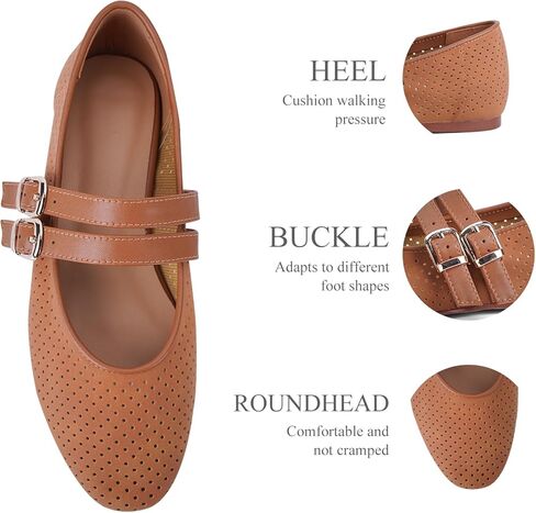 UBWDU SUEDE MARY JANE FLATS للنساء مثقبة مستديرة إصبع القدم شقق الباليه مريحة أحذية راقصة الباليه مع حزام مزدوج الإبزيم in Kuwait