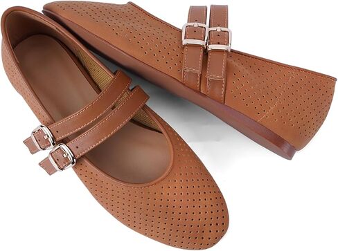 UBWDU SUEDE MARY JANE FLATS للنساء مثقبة مستديرة إصبع القدم شقق الباليه مريحة أحذية راقصة الباليه مع حزام مزدوج الإبزيم in Kuwait