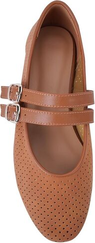 UBWDU SUEDE MARY JANE FLATS للنساء مثقبة مستديرة إصبع القدم شقق الباليه مريحة أحذية راقصة الباليه مع حزام مزدوج الإبزيم in Kuwait