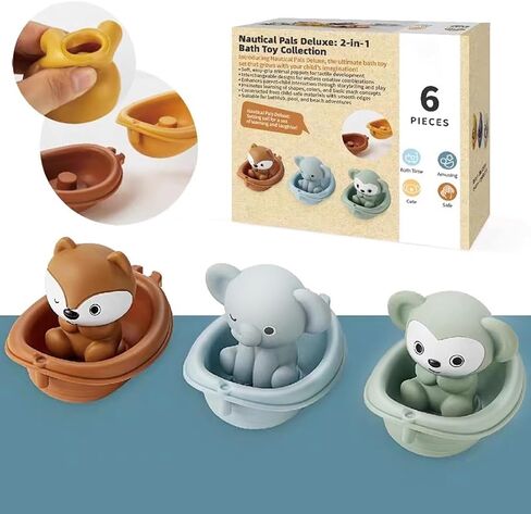 Baby Bath Toy Stackable Infant Bathtub Toys Stacking Floating Boat Train with Animal Finger Puppets Bath Toy Silicone Hand Puppet Educational Beach Toys for Babies Toddlers Party Favors in Saudi Arabia