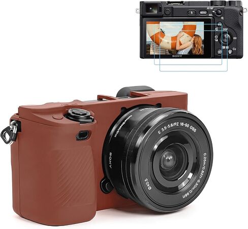 A6400 A6300 A6100 CAMERA CASE & LCD Screen Screen Protectory Kit ، علبة سيليكون ناعمة لـ Sony Alpha A6400 A6300 A6100 ، غطاء الجسم مع قبضة - بني داكن in Kuwait