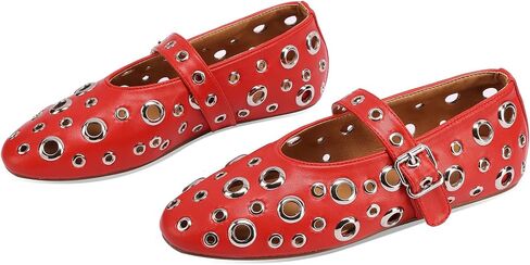 Mesh Mary Jane Flats for Women Perforated Ballet Flats Metal Buckle Strap Ballerina Casual Studded Flat Shoes in Saudi Arabia