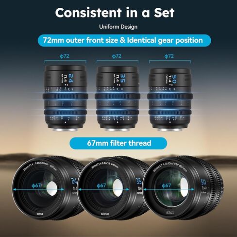 Sirui VP-1 Vision Prime 1 T1.4 مجموعة عدسة Cine Frame Frame ، 24 مم ، 35 مم ، عدسة سينمائية يدوي 50 ملم مع تركيب e مثبت مسبقًا ، حوامل RF/Z/L القابلة للتبديل (رمادي معدني) in Kuwait