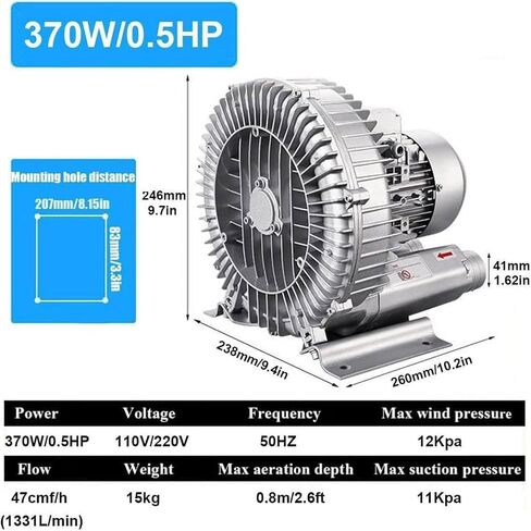 High Pressure Vortex Fan, Regenerative Fan for Aquaculture, Powerful Industrial Centrifugal Fan, Vortex Air Pump, Vacuum Pump, Fish Pond Aerator,350W/0.47HP in Saudi Arabia