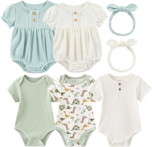 Baby Girls Boys Short Sleeve Withit مع مجموعة عصبة رأس ملابس جديدة من القطن المولود الرضع من 7 حزمة 0-12M in Kuwait