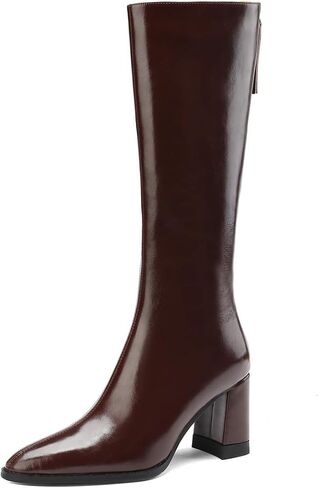 TinaCus Genuine Leather Pointed Toe Handmade Back Zipper Women's Chunky Heels Knee High Boots in Saudi Arabia