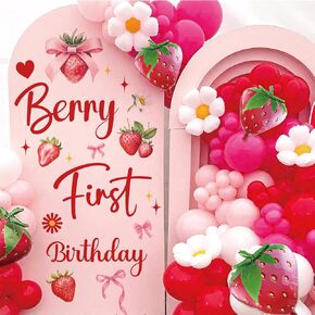 Berry First Birthday Balloon Arch Decals - Sweet One Birthday Backdrop Stickers for 1st Party Decoration, Strawberry Pink Bow Background Decor Decal for Baby Girl Parties Supplies(Only Sticker)