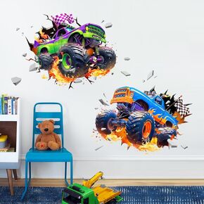 3D Racing Car Wall Decals, Truck Vehicles Wall Stickers Peel and Stick Decal Self Adhesive Sticker for Boys Kids Room Home Decor