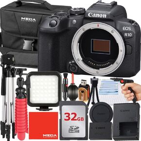 Canon EOS R10 Mirrorless Camera (Body Only) with 64GB Memory Card + Case + Tripod + LED Flash + MegaAccessory Bundle (Renewed)
