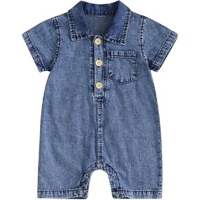 Newborn Baby Girl Boy Summer Clothes Short Sleeve Denim Romper Lapel Button Bodysuit One Piece Jumpsuit 0-18M