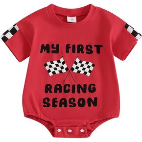 KMBANGI My First Racing Season Outfit Newborn Baby Boy Girl Short Sleeve Race Car Checkered Flag Romper Infant Clothing 0-18M