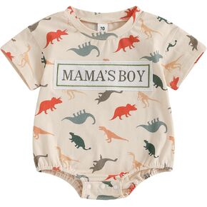 Lamuusaa Newborn Baby Boy Summer Clothes Short Sleeve ''Mama's Boy'' Letter Print Romper Dinosaur Bodysuit Shirts 0-18M