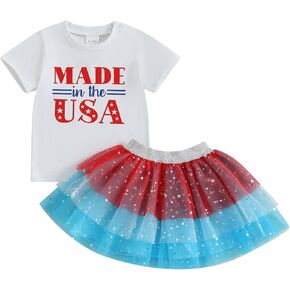 Douhoow Toddler Girl 4th of July Outfits Bow Letter Leate Short Sleeve Baby Girl Tops Tutu Skirt Dress مع القوس
