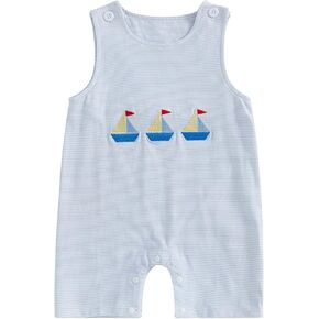 Gueuusu Sailboat Baby Boy Clothes Embroidery Striped Short Dungaree Romper Sleeveless Summer Beach Overalls Clothes
