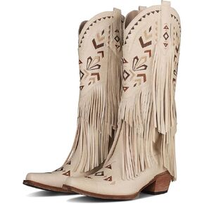 Fringe Cowgirl Boots-Square Toe Chunky Heel Cowboy Boots Wide Calf Knee High Boots Embroidered Tassel Pull on Fall Winter Western Vintage Retro Shoes for Ladies