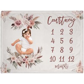 Girls Love A Monogram - Personalized Custom Boho Floral Baby Monthly Milestone Blanket Girl