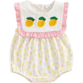 Baby Girl Fruit Clothes Lemon/Strawberry Embroidery Smocked Bubble Romper Sleeveless Ruffled Bodysuit Summer Outfit