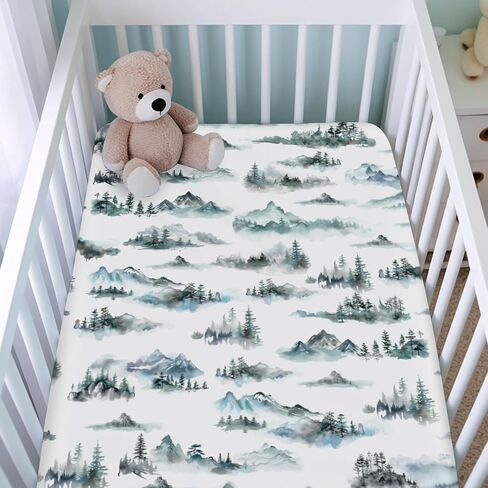 Watercolor Misty Forest Painting Fitted Baby Crib Sheets for Girl Boy - 52"x28" Woodland Mountain Foggy Crib Mattress Cover - Soft Breathable Baby Bed Sheet for Standard and Toddler Mattress in Saudi Arabia