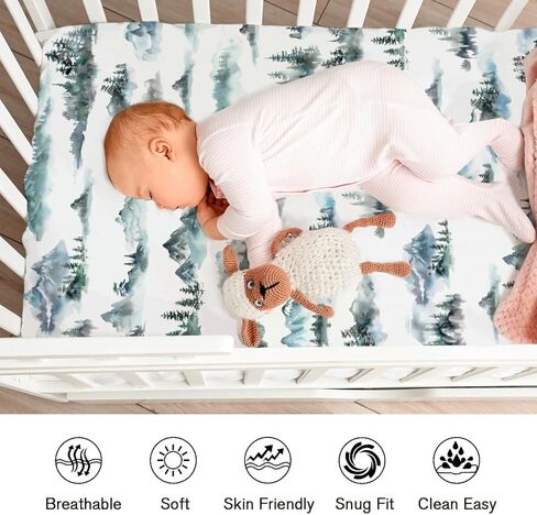 Watercolor Misty Forest Painting Fitted Baby Crib Sheets for Girl Boy - 52"x28" Woodland Mountain Foggy Crib Mattress Cover - Soft Breathable Baby Bed Sheet for Standard and Toddler Mattress in Saudi Arabia