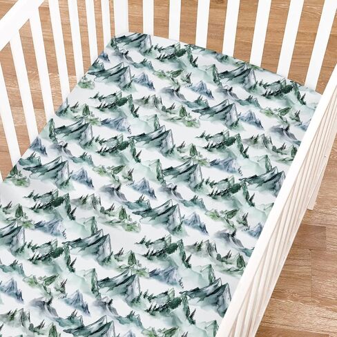 Watercolor Misty Forest Painting Fitted Baby Crib Sheets for Girl Boy - 52"x28" Woodland Mountain Foggy Crib Mattress Cover - Soft Breathable Baby Bed Sheet for Standard and Toddler Mattress in Saudi Arabia