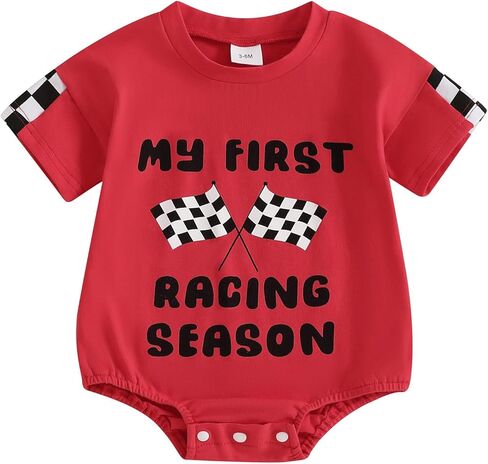 KMBANGI My First Racing Season Outfit Baby Race Car Checkered Flag Romper | Baby Boy Girl Racing Season Romper, Short Sleeve T-shirt Romper, New to The Pit Crew, Casual Summer Clothes in Kuwait
