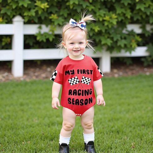 KMBANGI My First Racing Season Outfit Baby Race Car Checkered Flag Romper | Baby Boy Girl Racing Season Romper, Short Sleeve T-shirt Romper, New to The Pit Crew, Casual Summer Clothes in Kuwait