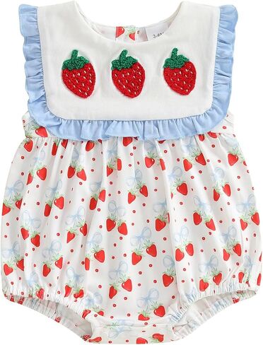 Baby Girl Fruit Clothes Lemon/Strawberry Embroidery Smocked Bubble Romper Sleeveless Ruffled Bodysuit Summer Outfit in Saudi Arabia