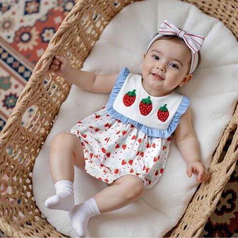 Baby Girl Fruit Clothes Lemon/Strawberry Embroidery Smocked Bubble Romper Sleeveless Ruffled Bodysuit Summer Outfit in Saudi Arabia