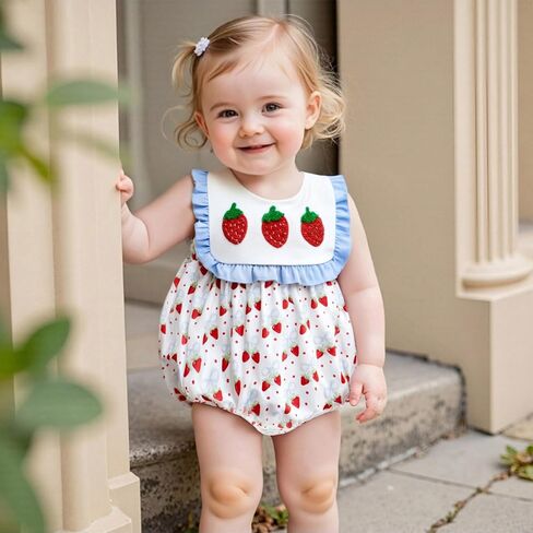 Baby Girl Fruit Clothes Lemon/Strawberry Embroidery Smocked Bubble Romper Sleeveless Ruffled Bodysuit Summer Outfit in Saudi Arabia