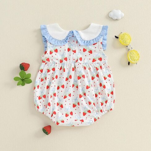 Baby Girl Fruit Clothes Lemon/Strawberry Embroidery Smocked Bubble Romper Sleeveless Ruffled Bodysuit Summer Outfit in Saudi Arabia