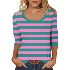 Women Elbow Length Sleeve Tops Scoop Neck Dressy Casual Gradient Solid Block Stripes Shirts Blouses Summer Tees