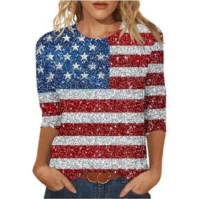 4th of July Outfits for Womens American Flag Patriotic 3/4 Sleeve Tops Crewneck Casual Print Hawaiian Beach Tees