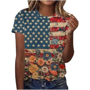 4Th of July Tops for Women Independence Day Summer Short Sleeve Blouses Patriotic Crewneck Loose Casual Tees