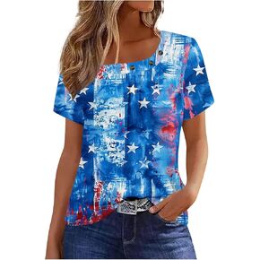 American Flag Shirts for Women Patriotic Short Sleeve Independence Day Tees V Neck 4th of July Blouses
