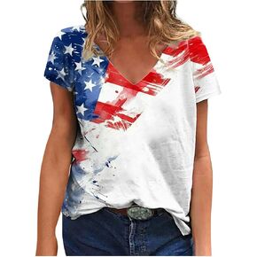 Patriotic Shirts for Women Short Sleeve American Flag Indepeance Day Tees V Neck Loose 4th of July Blouses