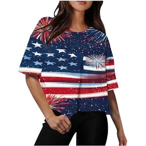 USA Flag T-Shirt for Women Short Sleeve American Flag Patriotic Blouses Crewneck 4th of July Independence Day Tees