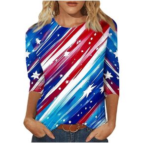 4Th of July Shirts Women American Flag 3/4 Sleeve Casual Summer Tops Patriotic Crewneck Festival Blouses