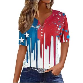 Patriotic Shirts for Women Short Sleeve 4Th of July American Flag Tees Casual Button Down V Neck Blouses