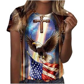 4th of July Shirts Women Patriotic American Flag Short Sleeve Tees Casual Crewneck Independence Day Tops
