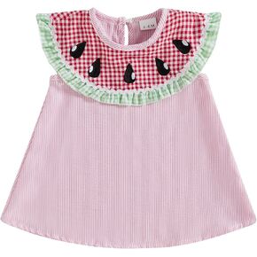 Toddler Girl Summer Sleeveless Dress Watermelon Embroidery Peter Pan Collar Striped Print Tank Dresses for Kids